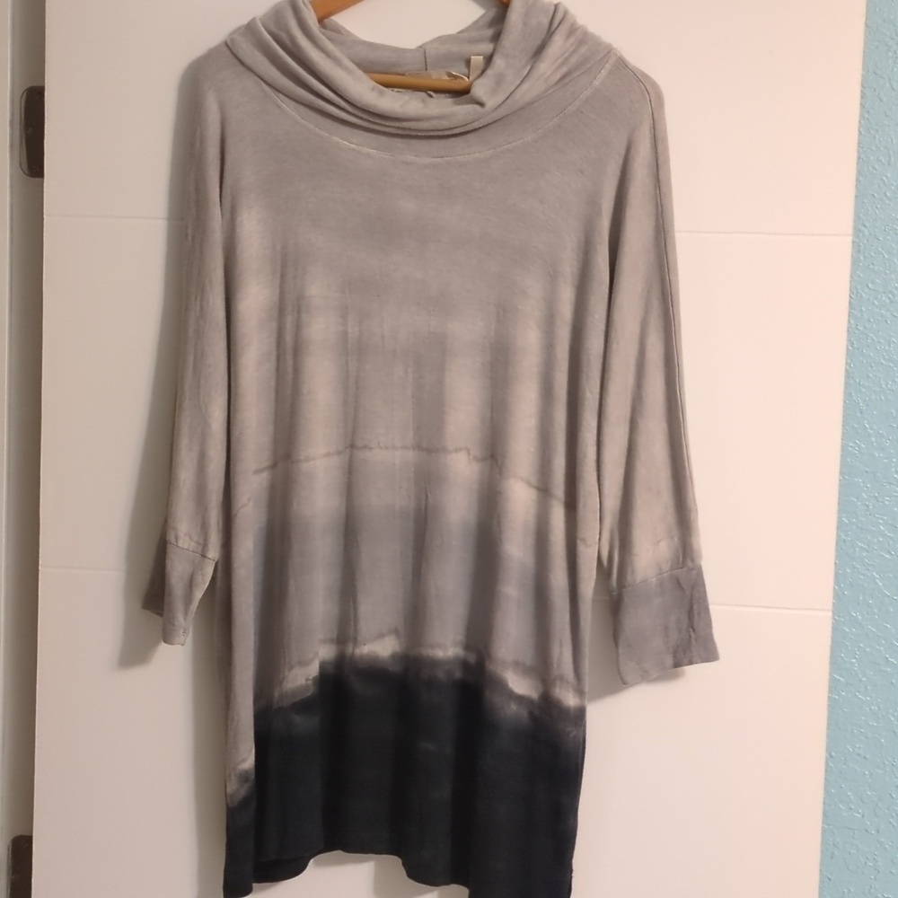 Soft Surroundings Charcoal & Black Tie Dye Slouchy 3/4 Sleeves Cowl Neck Tunic L